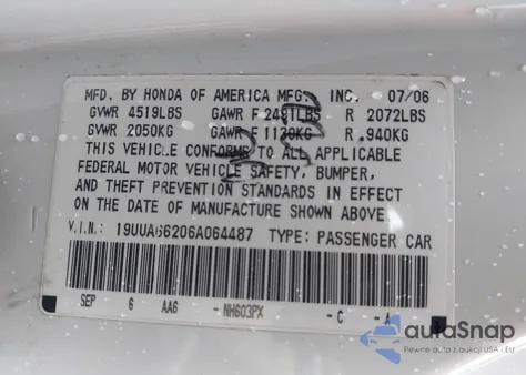 2006 Acura Tl from USA, damaged, VIN 19UUA66206A064487